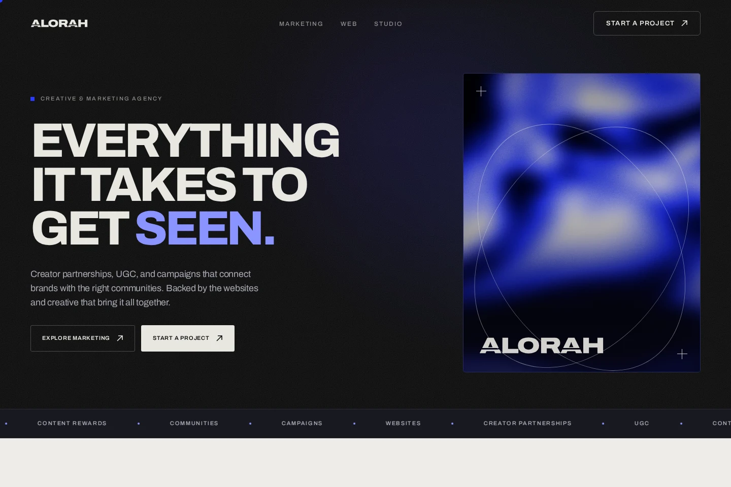 The Alorah homepage on a desktop screen
